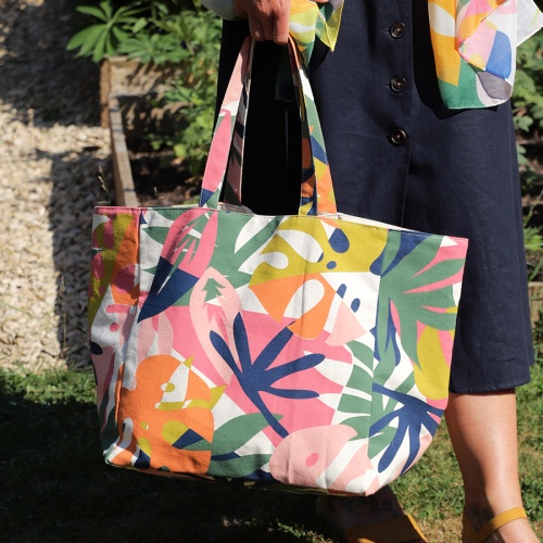 Pink & Orange Mix Tropical Print, Large Canvas Tote Bag by Peace of Mind